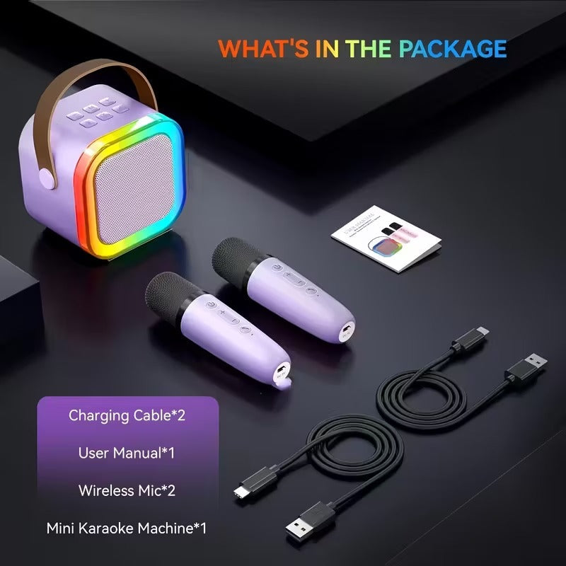 Wireless mini karaoke machine in purple with two matching cordless microphones for party entertainment — view 2