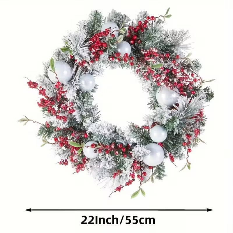 Artificial green Christmas wreath decorated with vibrant red berries and white balls for holiday doors — view 5