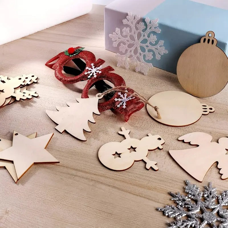 DIY wooden Christmas ornaments craft set with assorted natural khaki wood festive shapes — view 2