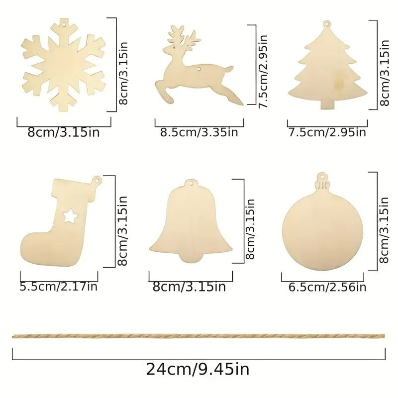 DIY wooden Christmas ornaments craft set with assorted natural khaki wood festive shapes — view 3