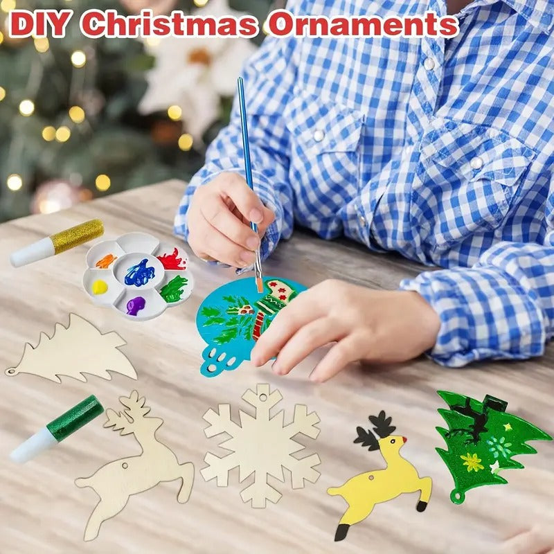 DIY wooden Christmas ornaments craft set with assorted natural khaki wood festive shapes — view 4
