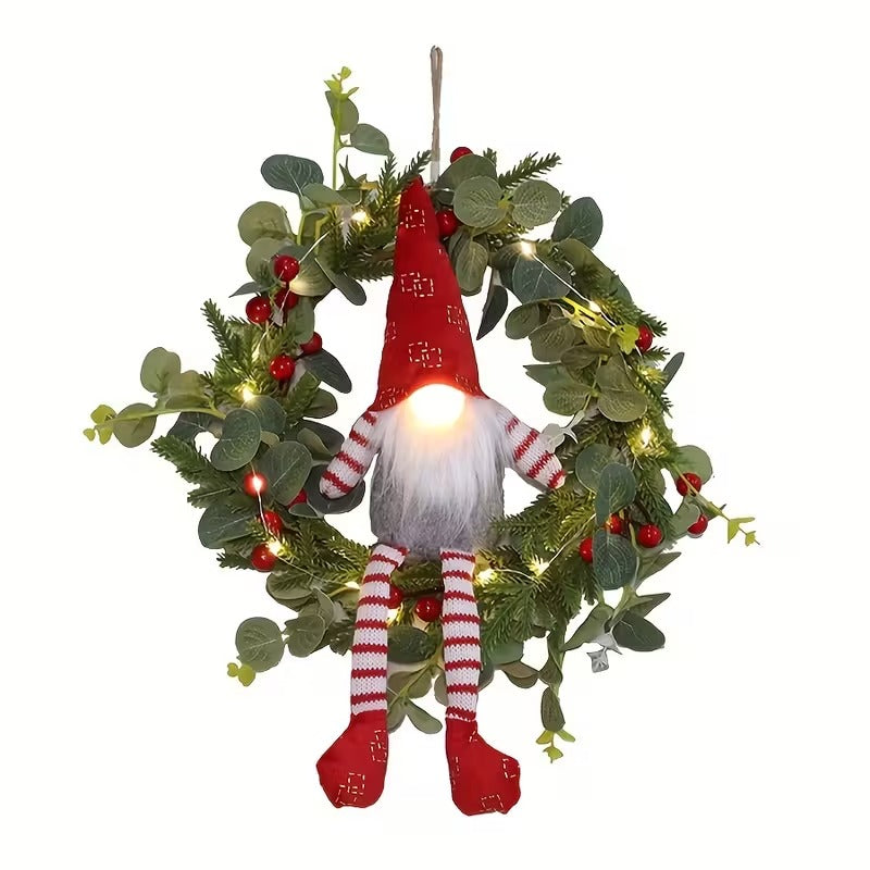 Illuminated Christmas gnome wreath with LED lights and Santa Claus design for indoor holiday decor