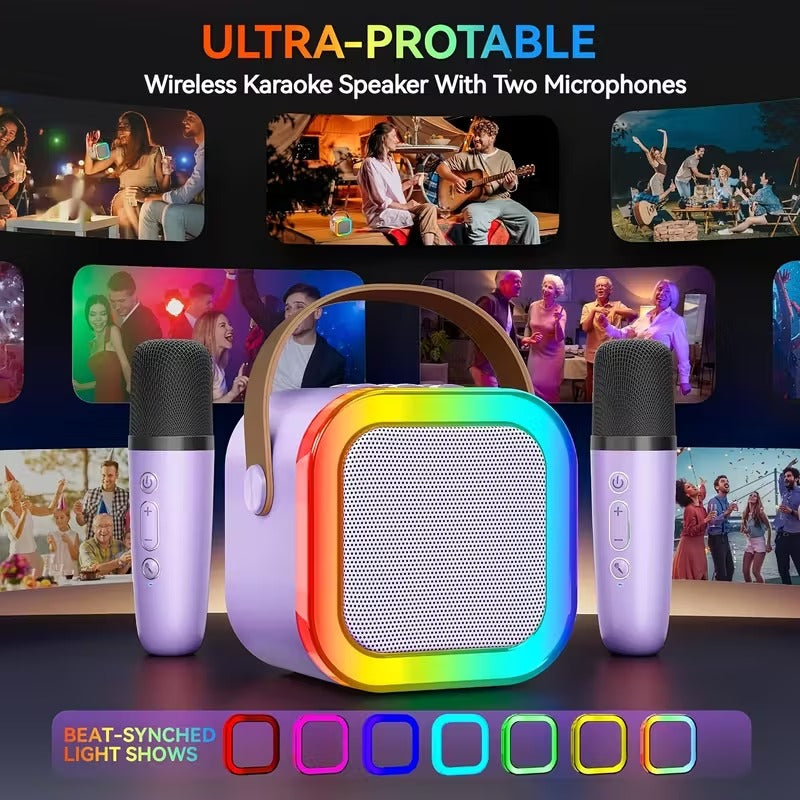 Wireless mini karaoke machine in purple with two matching cordless microphones for party entertainment — view 3