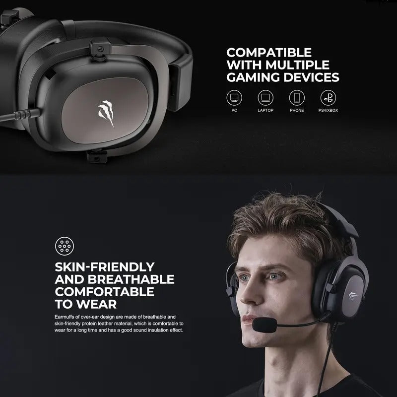 Black and ochre wired gaming headset with detachable condenser microphone and padded over-ear cups — view 3