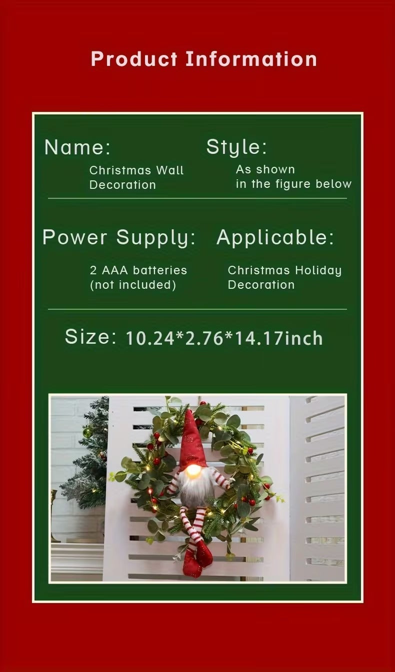 Illuminated Christmas gnome wreath with LED lights and Santa Claus design for indoor holiday decor — view 4
