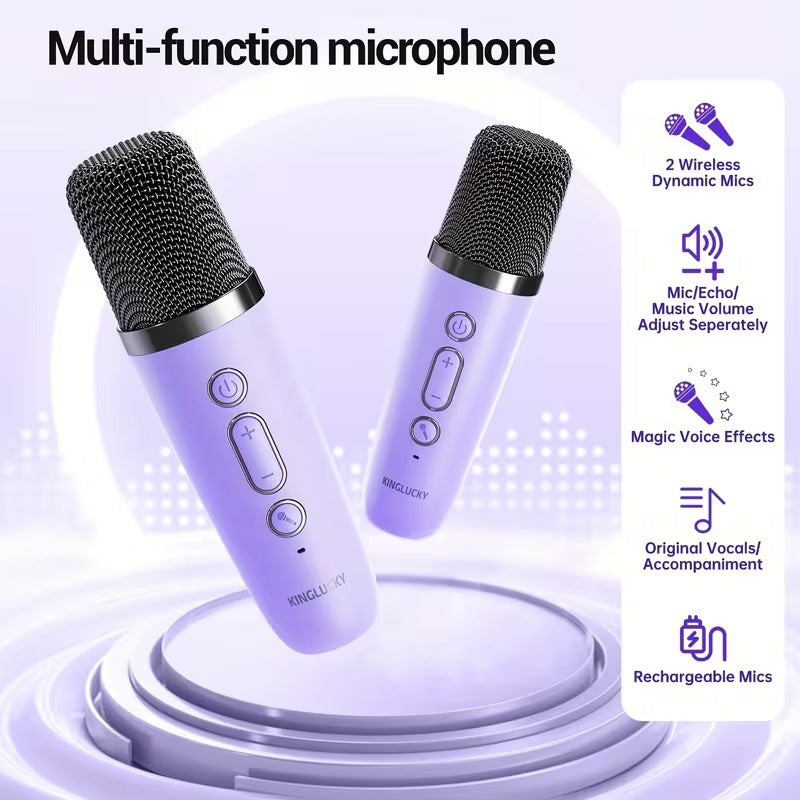 Wireless mini karaoke machine in purple with two matching cordless microphones for party entertainment — view 5