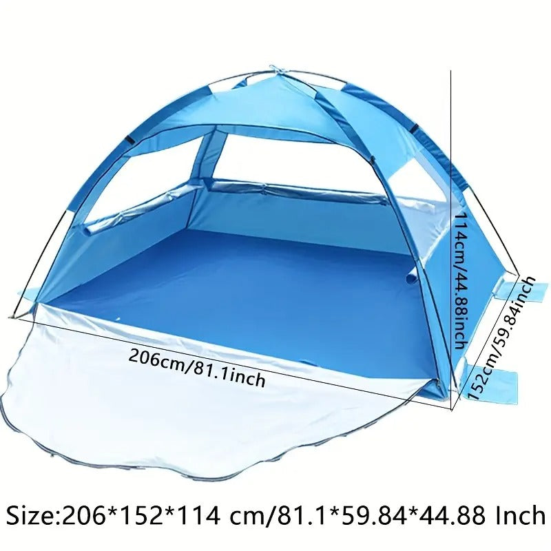 Blue pop-up beach tent sun shelter with extendable footprint and mesh windows on sand. — view 5