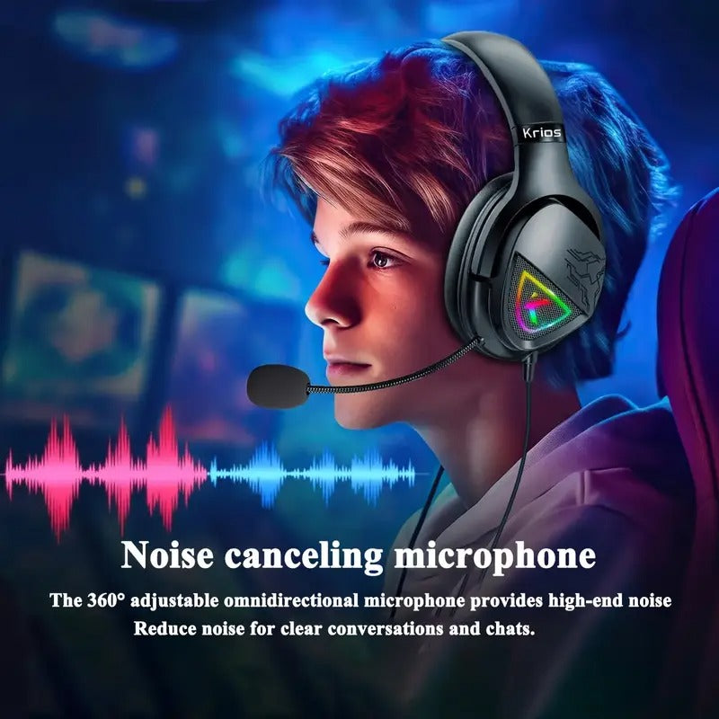 Black NNETM wired gaming headset with LED lights, microphone, and soft faux leather ear pads — view 2