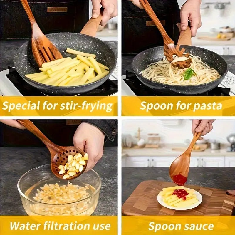 10 piece teak wood cookware set featuring ergonomic spoons and spatulas for safe non stick cooking — view 3