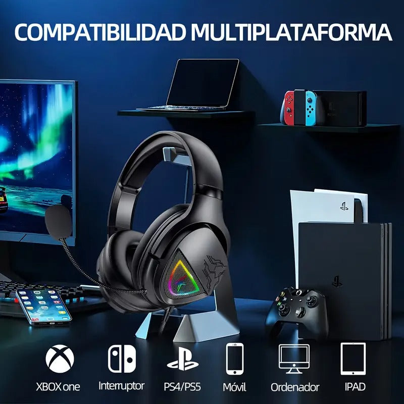 Black NNETM wired gaming headset with LED lights, microphone, and soft faux leather ear pads — view 3