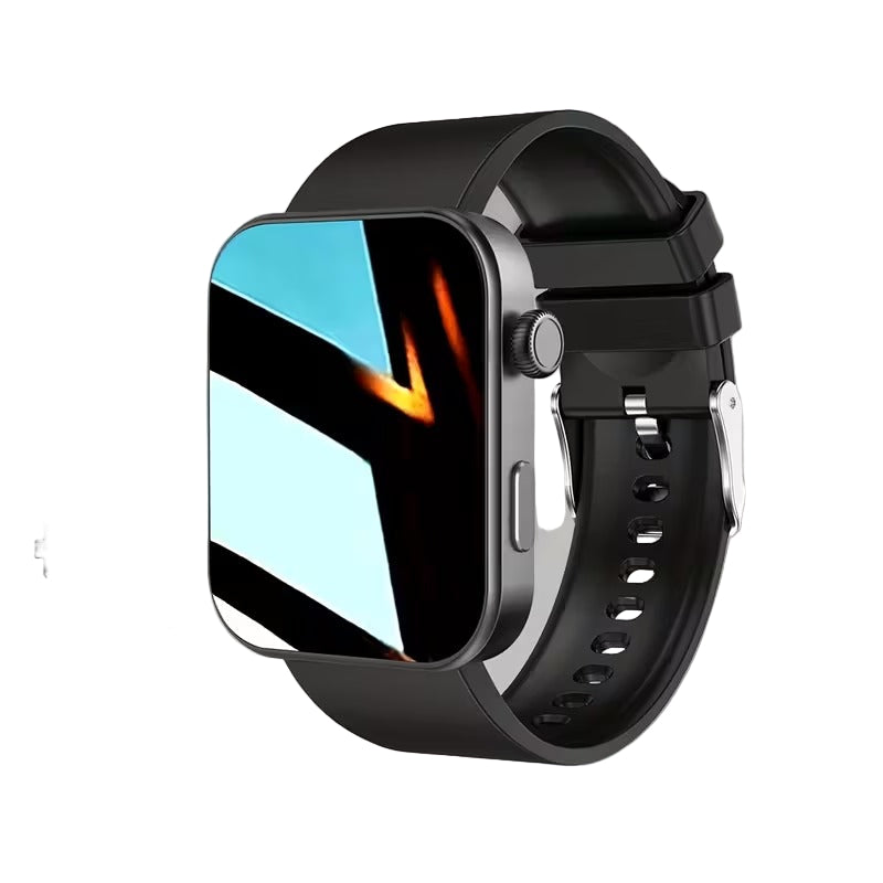 NNETM smart watch with black silicone strap and digital touchscreen fitness tracker display