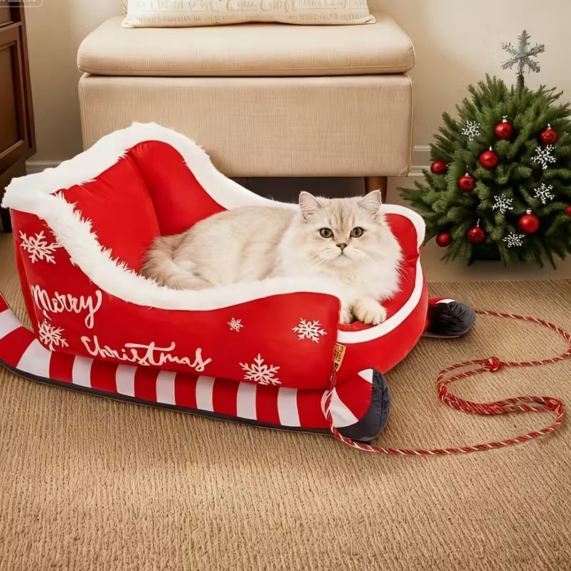 Red Christmas sled dog bed with white snowflake pattern in soft comfortable plush material — view 4
