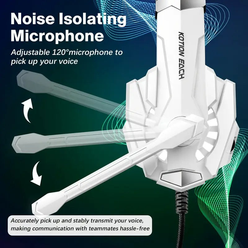 White NNETM pro gaming headset with LED lights over-ear design and built-in condenser microphone — view 3