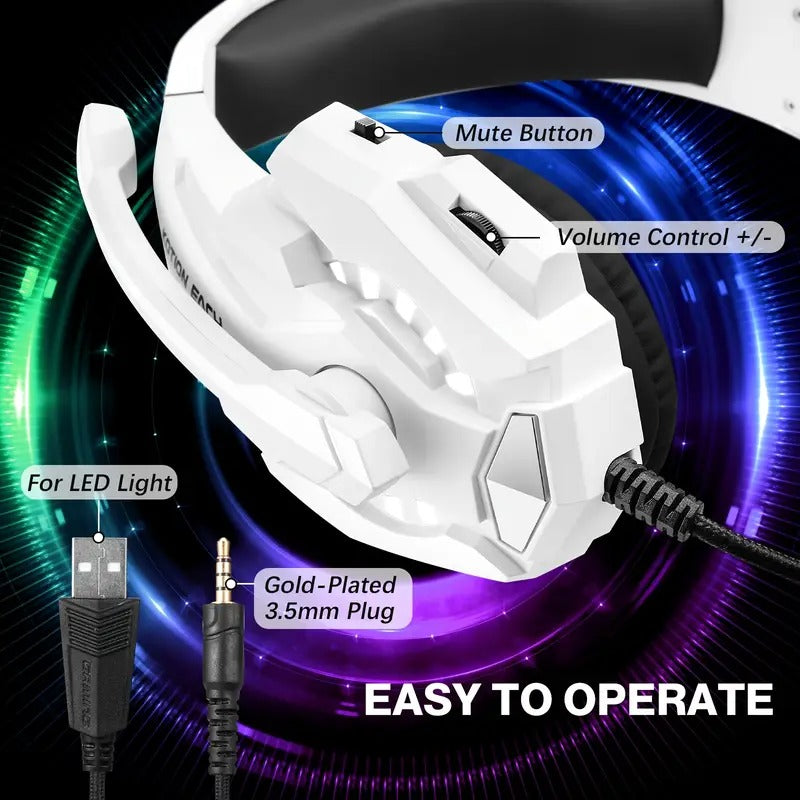 White NNETM pro gaming headset with LED lights over-ear design and built-in condenser microphone — view 5
