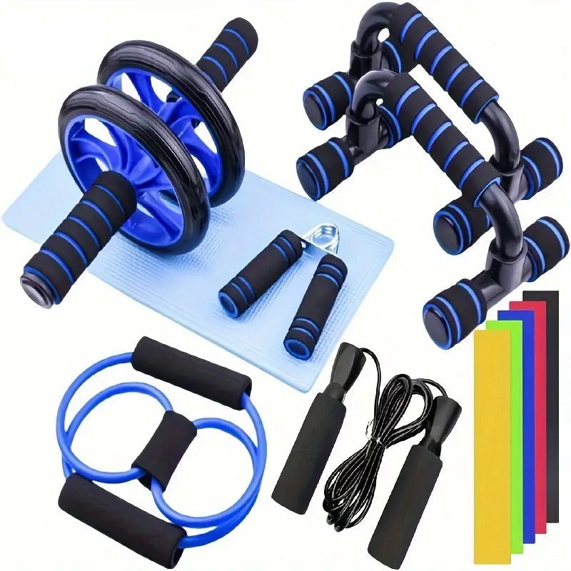 Blue 12-piece abdominal fitness wheel set with foam handles and core training accessories for home workouts