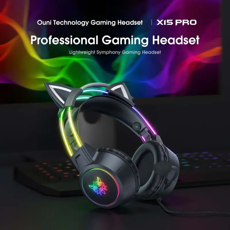 NNETM wired gaming headset with RGB lighting and detachable cat ear microphone for PC and Switch — view 2