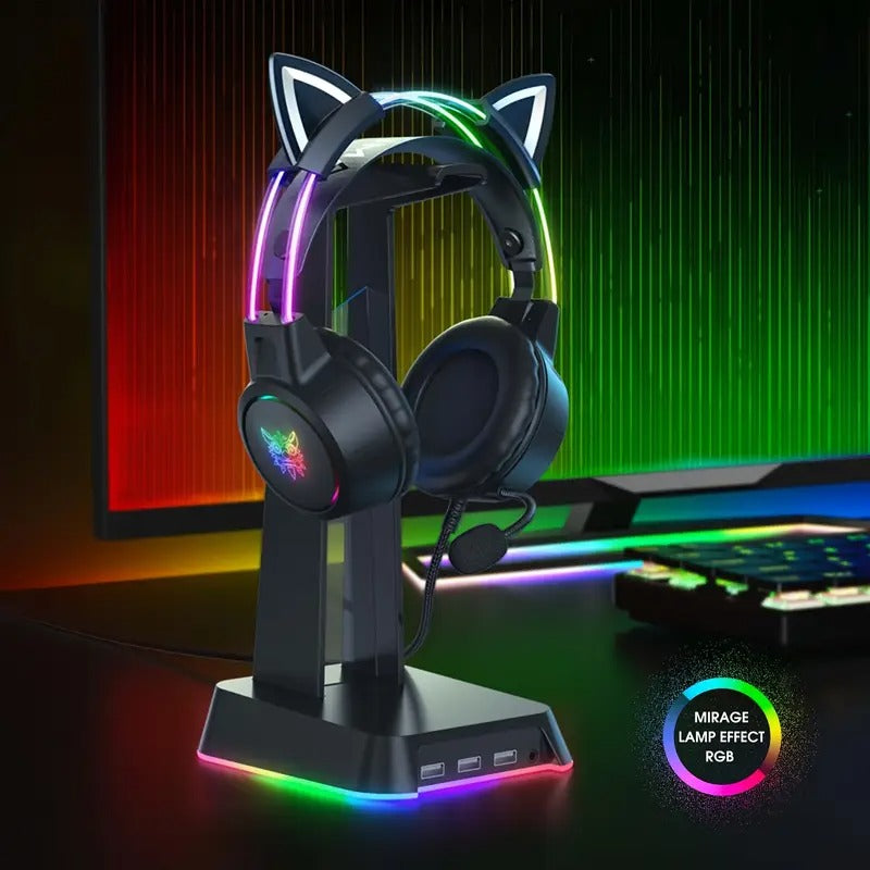 NNETM wired gaming headset with RGB lighting and detachable cat ear microphone for PC and Switch — view 3