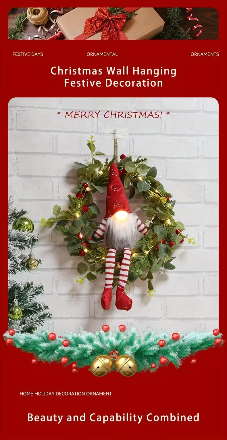 Illuminated Christmas gnome wreath with LED lights and Santa Claus design for indoor holiday decor — view 5