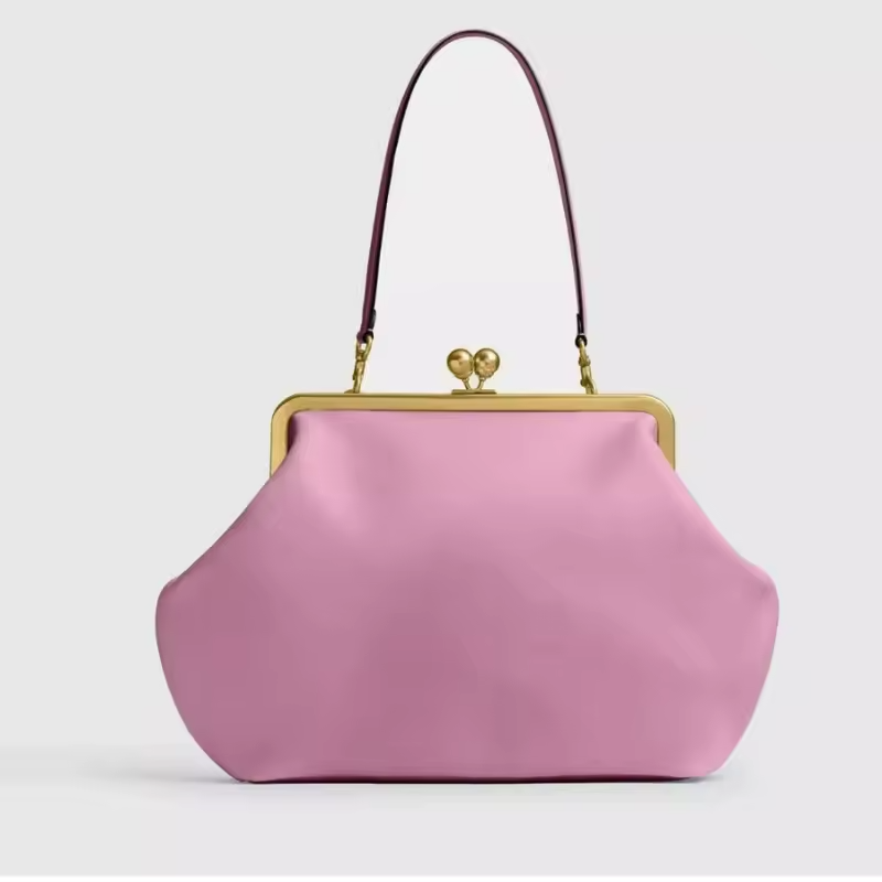 Radiant soft clutch bag in delicate pink faux leather with clasp closure and shoulder strap — view 4