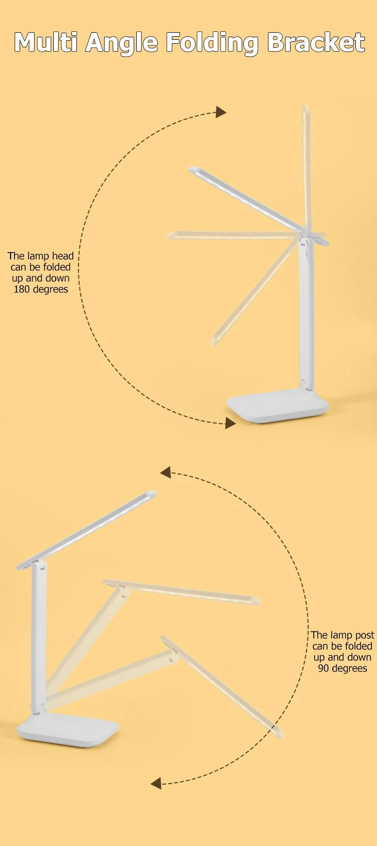 White LED USB touch desk lamp, folding design for modern bedroom and office lighting — view 3