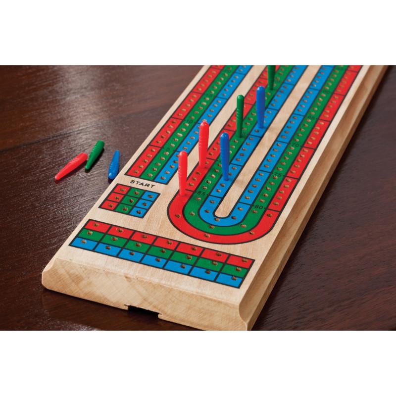 Wooden Barony cribbage board made of solid pine with red, blue, and green scoring pegs. — view 4