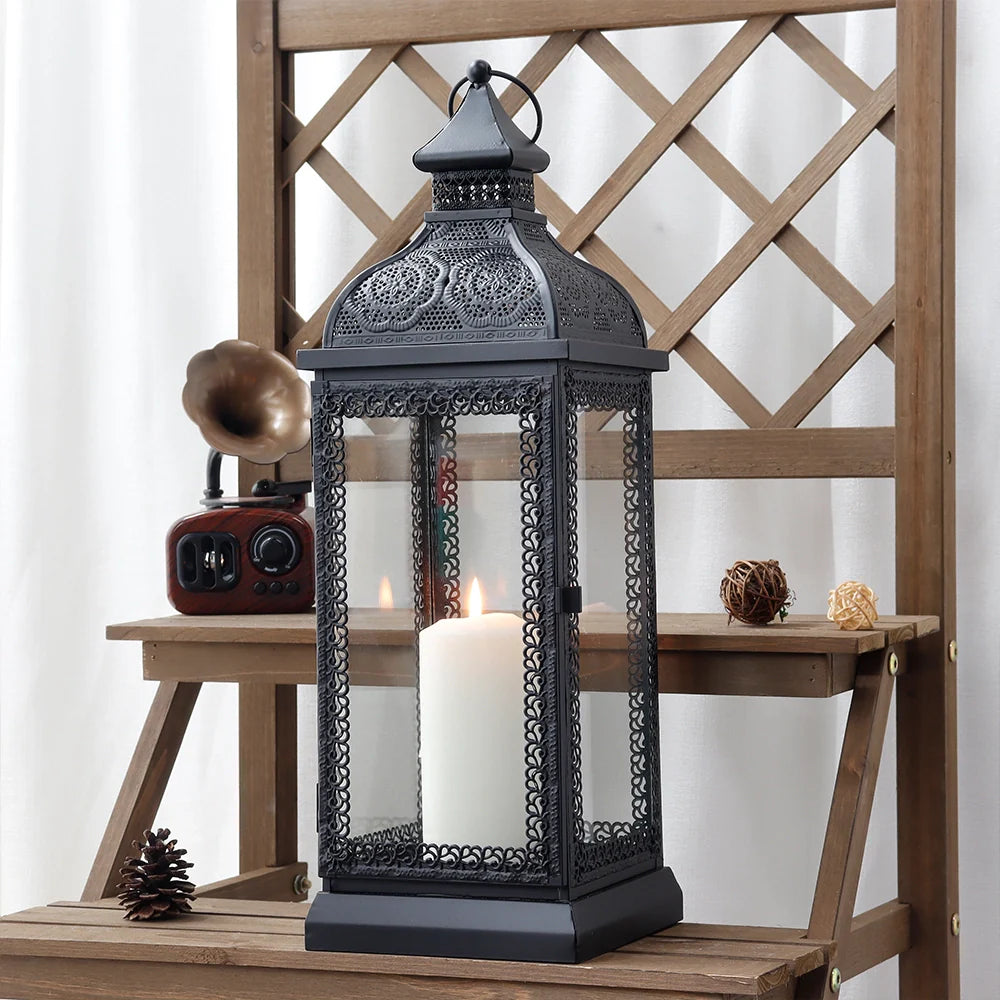 19 inch tall black rustic metal candle lantern with tempered glass panels and top hanging ring — view 3