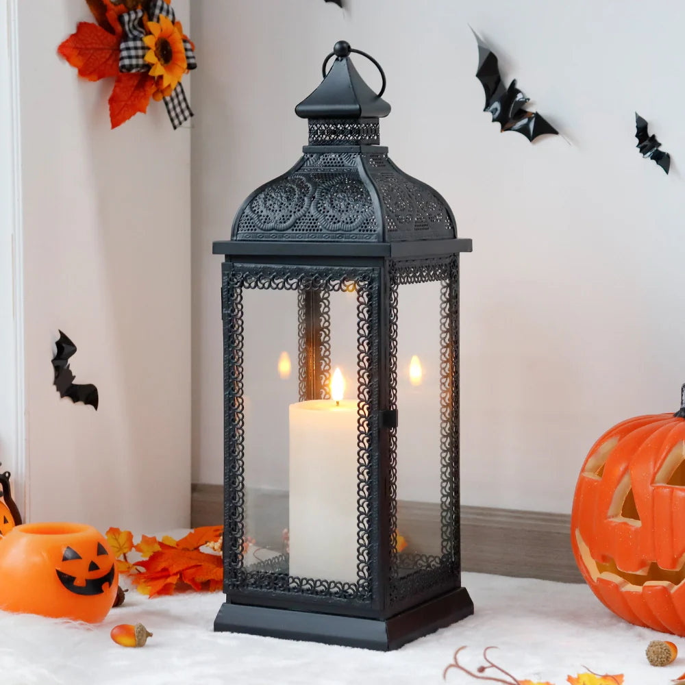 19 inch tall black rustic metal candle lantern with tempered glass panels and top hanging ring — view 4
