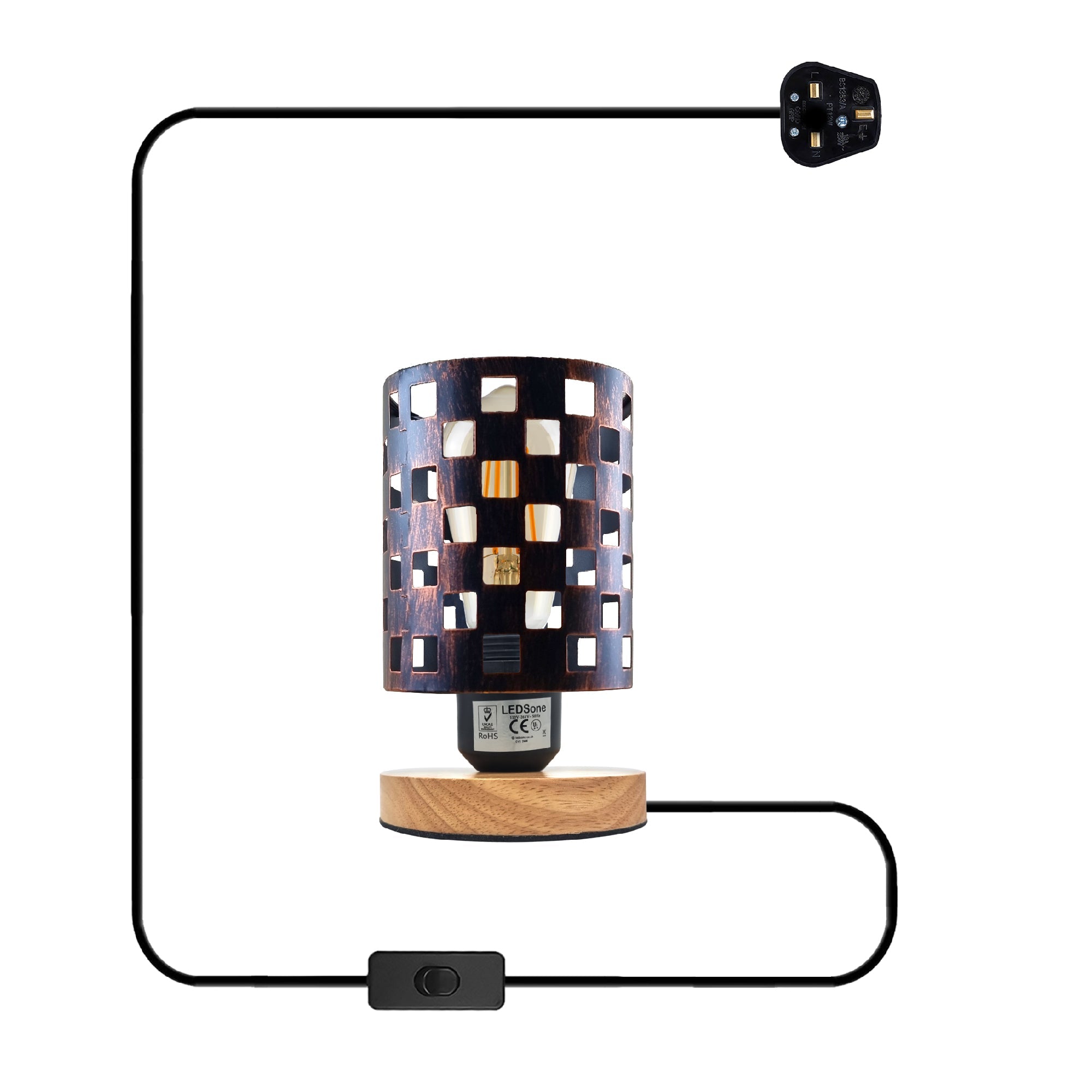 Antique brass bedside table lamp with wood base and metal wire cage cylinder design. — view 2