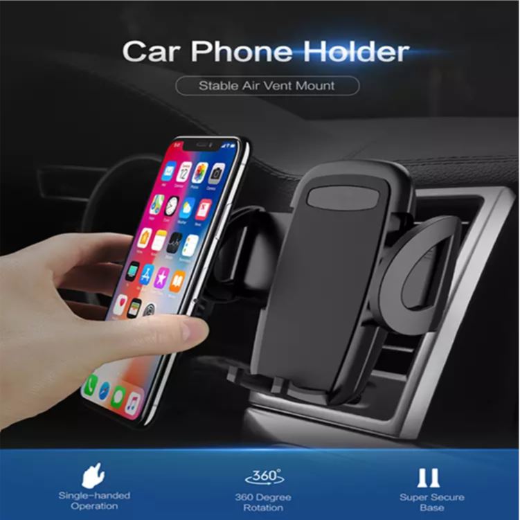 Black universal car air vent phone mount holder with adjustable cradle and secure clip