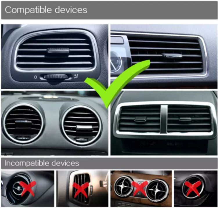 Black one-touch car air vent phone mount securely holding a smartphone on a vehicle dashboard — view 3