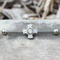 316L Stainless Steel Jeweled Medieval Cross Industrial Barbell-0