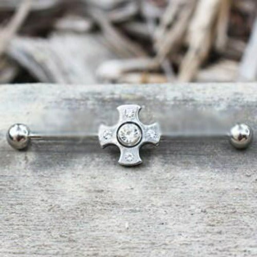 316L Stainless Steel Jeweled Medieval Cross Industrial Barbell-0