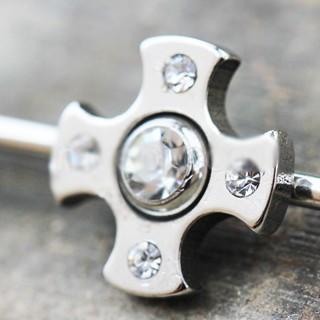 316L Stainless Steel Jeweled Medieval Cross Industrial Barbell-1