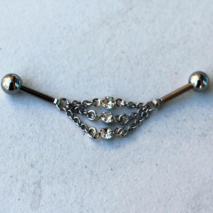 316L Stainless Steel Jeweled Triple Chain Industrial Barbell-0