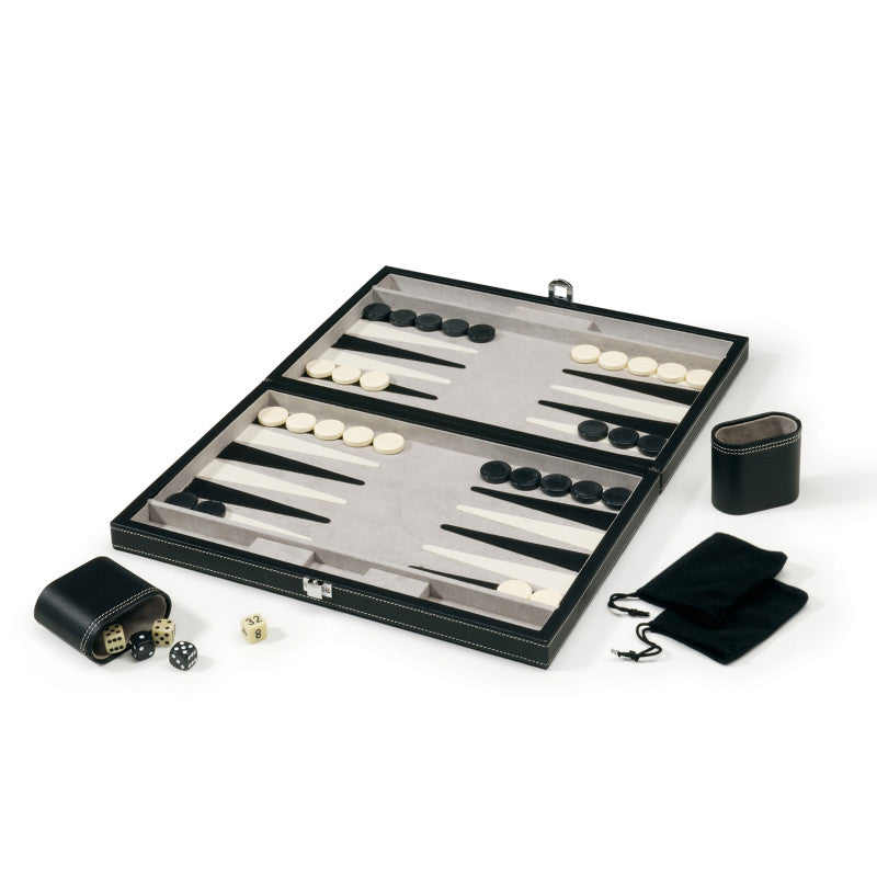 Black leatherette 15-inch travel backgammon set with felt lining, weighted pieces, and matching dice cups