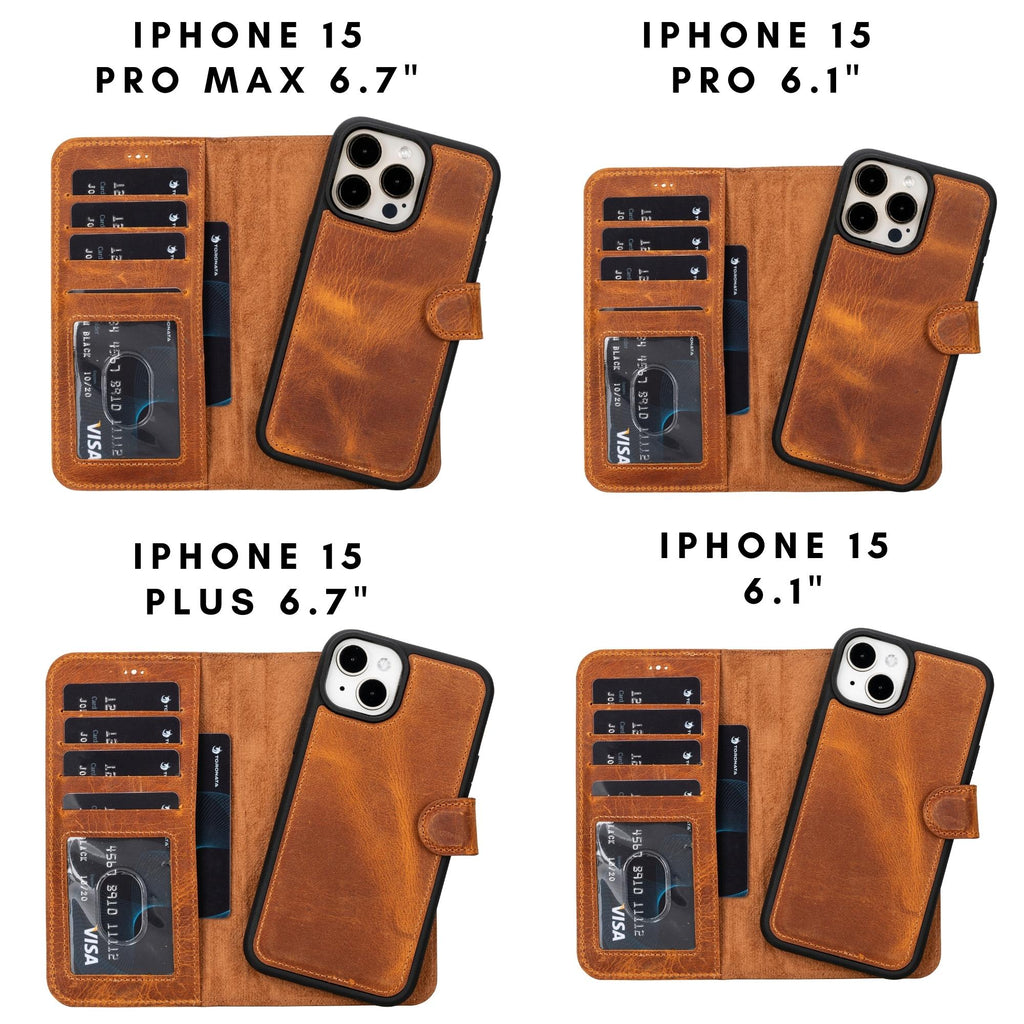 Genuine leather iPhone 15 wallet case with magnetic detachable cover, card slots, and kickstand feature — view 3