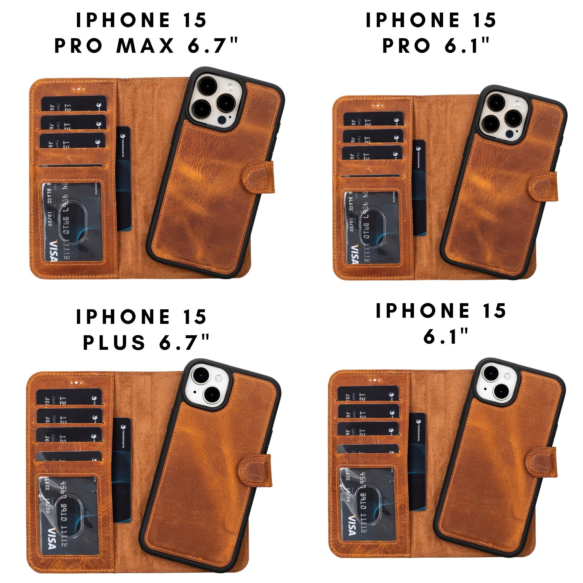 Genuine leather iPhone 15 wallet case with magnetic detachable cover, card slots, and kickstand feature — view 3