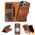 Genuine leather iPhone 15 wallet case with magnetic detachable cover, card slots, and kickstand feature