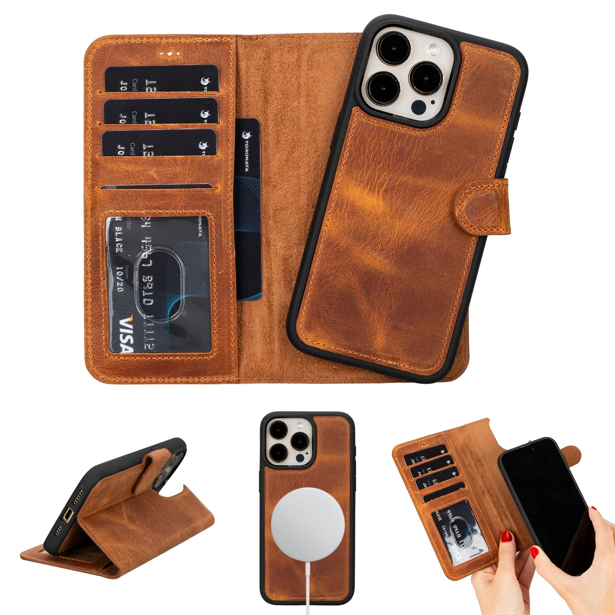 Genuine leather iPhone 15 wallet case with magnetic detachable cover, card slots, and kickstand feature