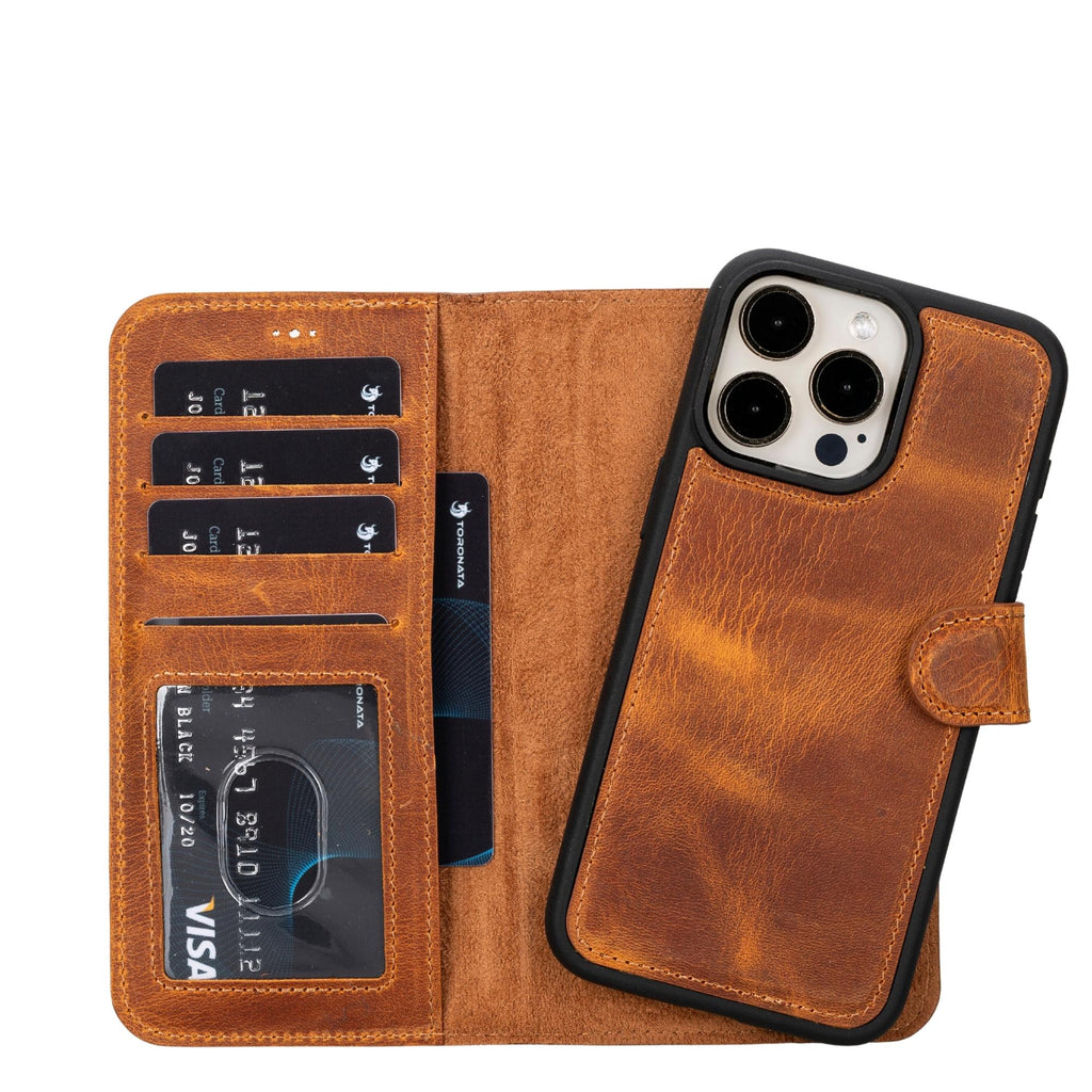 Genuine leather iPhone 15 wallet case with magnetic detachable cover, card slots, and kickstand feature — view 2