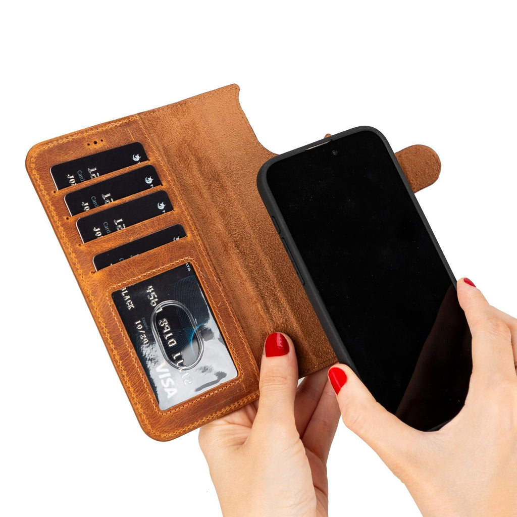 Genuine leather iPhone 15 wallet case with magnetic detachable cover, card slots, and kickstand feature — view 5