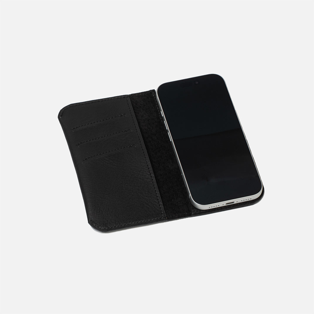 Premium full-grain leather iPhone 17 MagSafe folio case wallet open showing card slots and suede interior — view 4