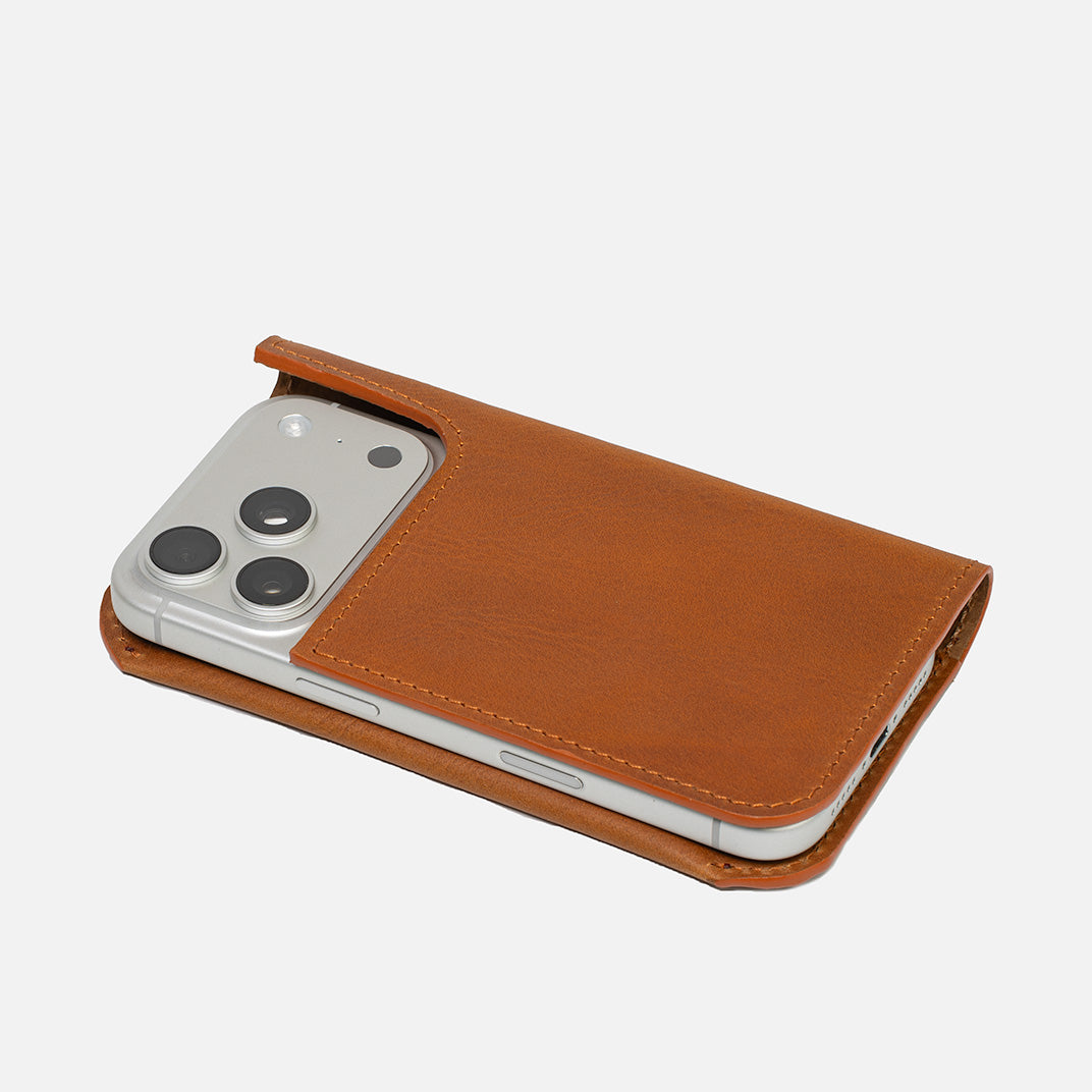 Premium full-grain leather iPhone 17 MagSafe folio case wallet open showing card slots and suede interior — view 5