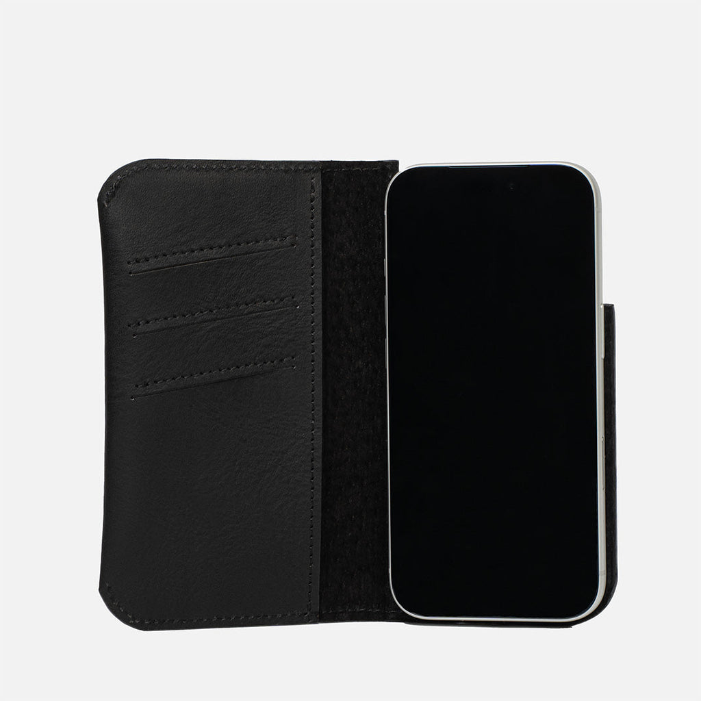 Premium full-grain leather iPhone 17 MagSafe folio case wallet open showing card slots and suede interior — view 2
