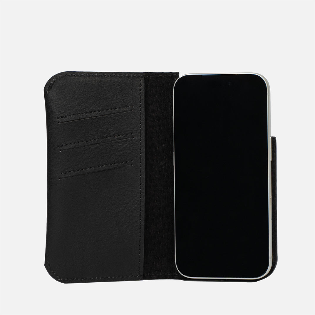 Premium full-grain leather iPhone 17 MagSafe folio case wallet open showing card slots and suede interior — view 2