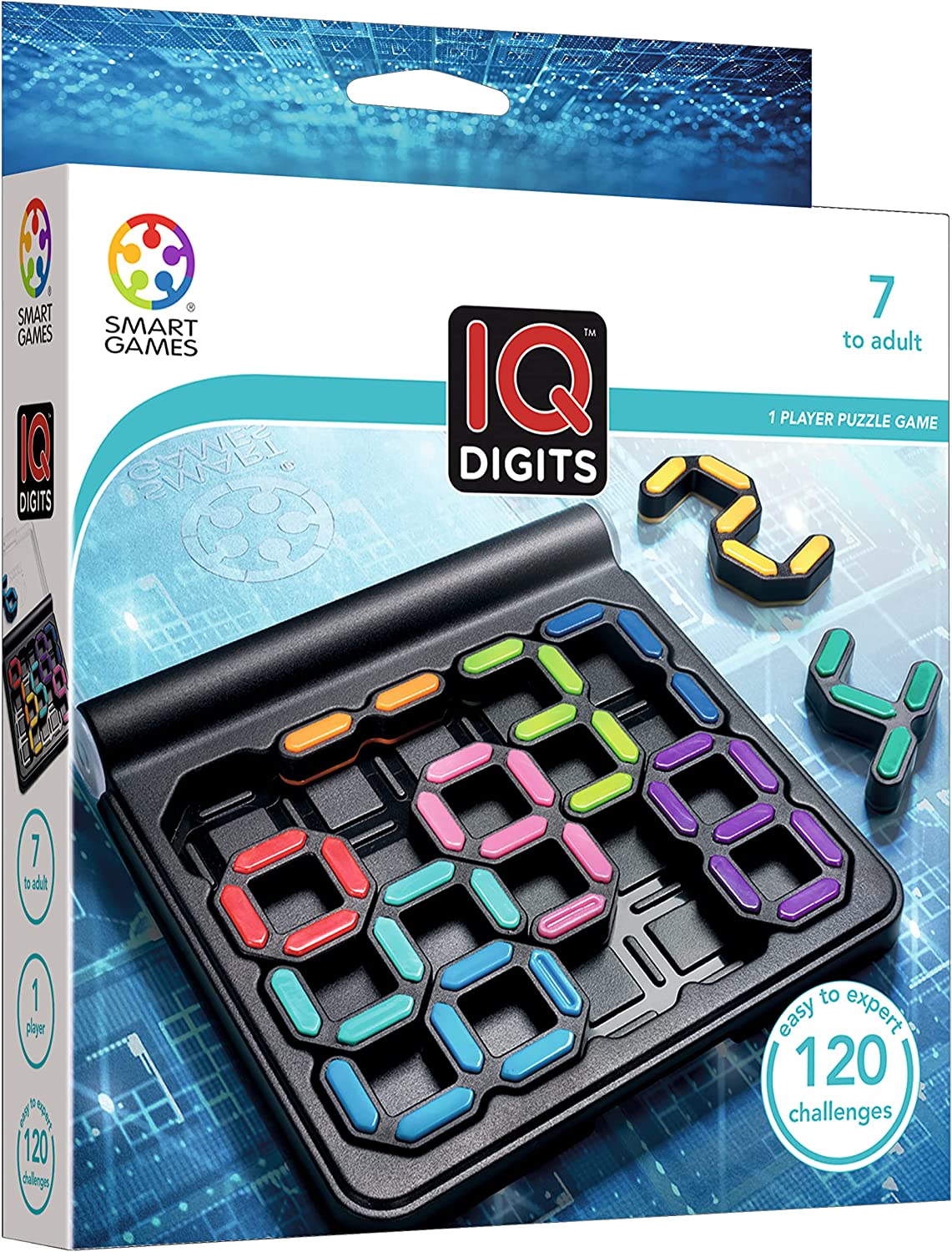 SmartGames IQ Digits logic puzzle board with colorful number pieces and challenge booklet for kids