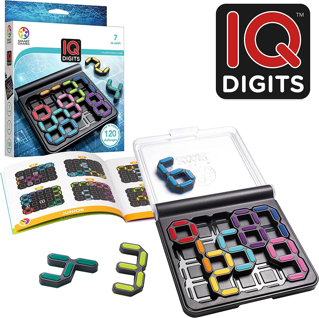 SmartGames IQ Digits logic puzzle board with colorful number pieces and challenge booklet for kids — view 2