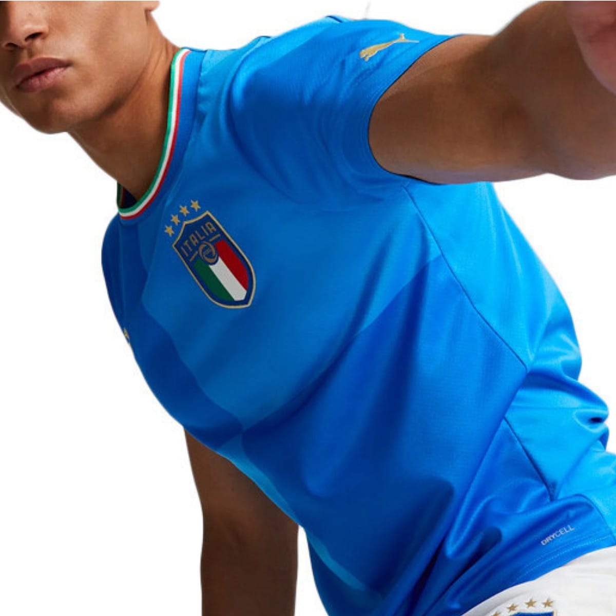 Authentic Puma Italy 2022/23 home soccer jersey in blue with national flag collar details. — view 3
