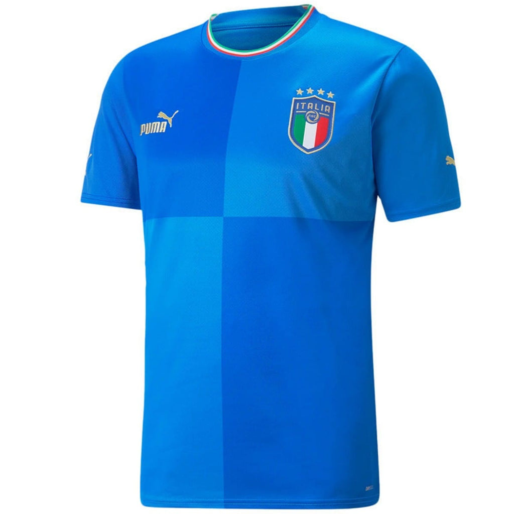 Authentic Puma Italy 2022/23 home soccer jersey in blue with national flag collar details.
