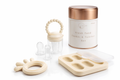 Silicone baby feeder teether toothbrush set with multi-compartment freezer tray and keepsake storage tin